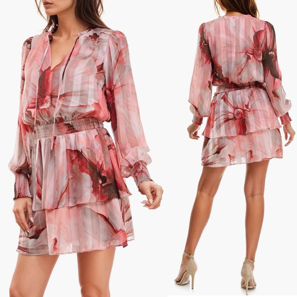 Socialite Metallic Tiered Long Sleeve Mini Dress, XL